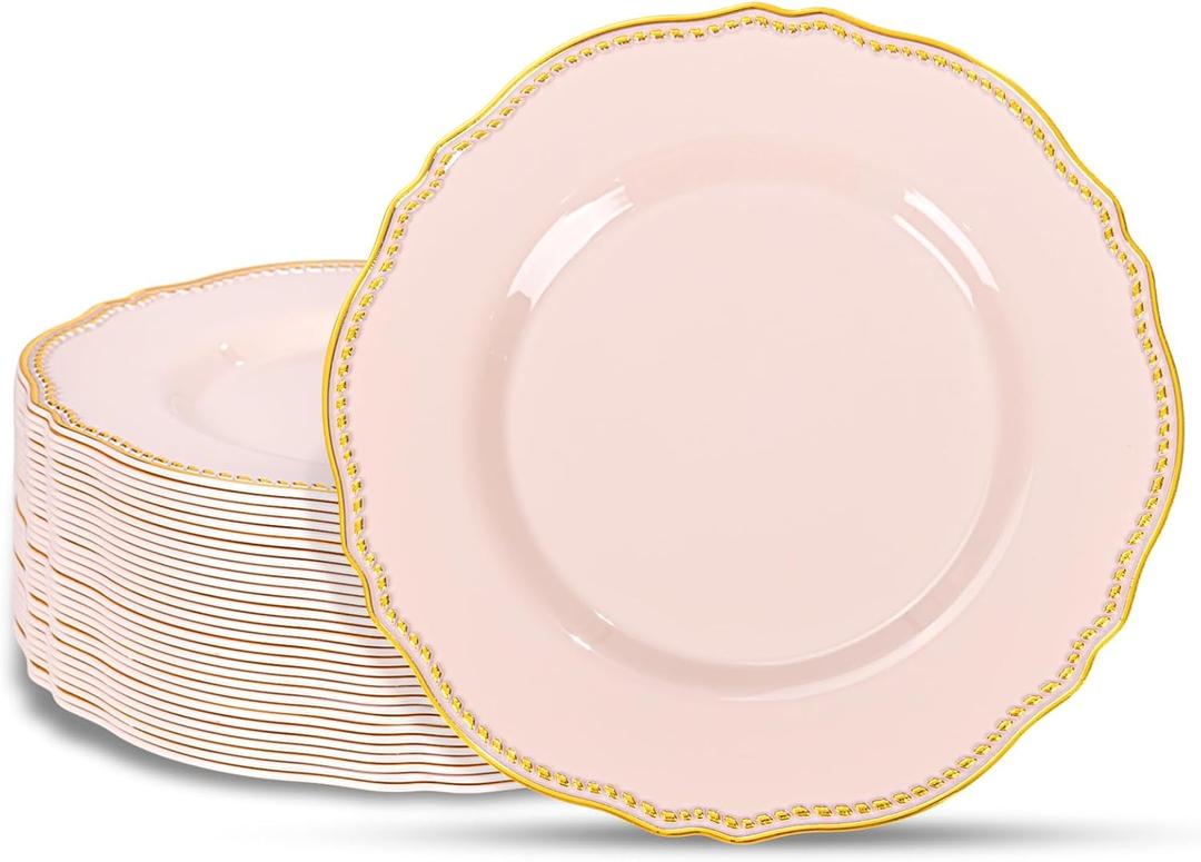 Hioasis 60pcs Pink Plastic Plates - Pink and Gold Disposable Dinnerware with Gold Rim, Heavy-duty, 10.25 inch, Dinner Plates for Party & Valentine's Day