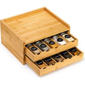 Jucoan Bamboo Spice Rack Organizer, 2-Tier Pull Out Spice Seasoning Shelf Holder 20-Bottles Seasoning Spices Jars Organizer for Kitchen Countertop Cabinet No Assembly Required