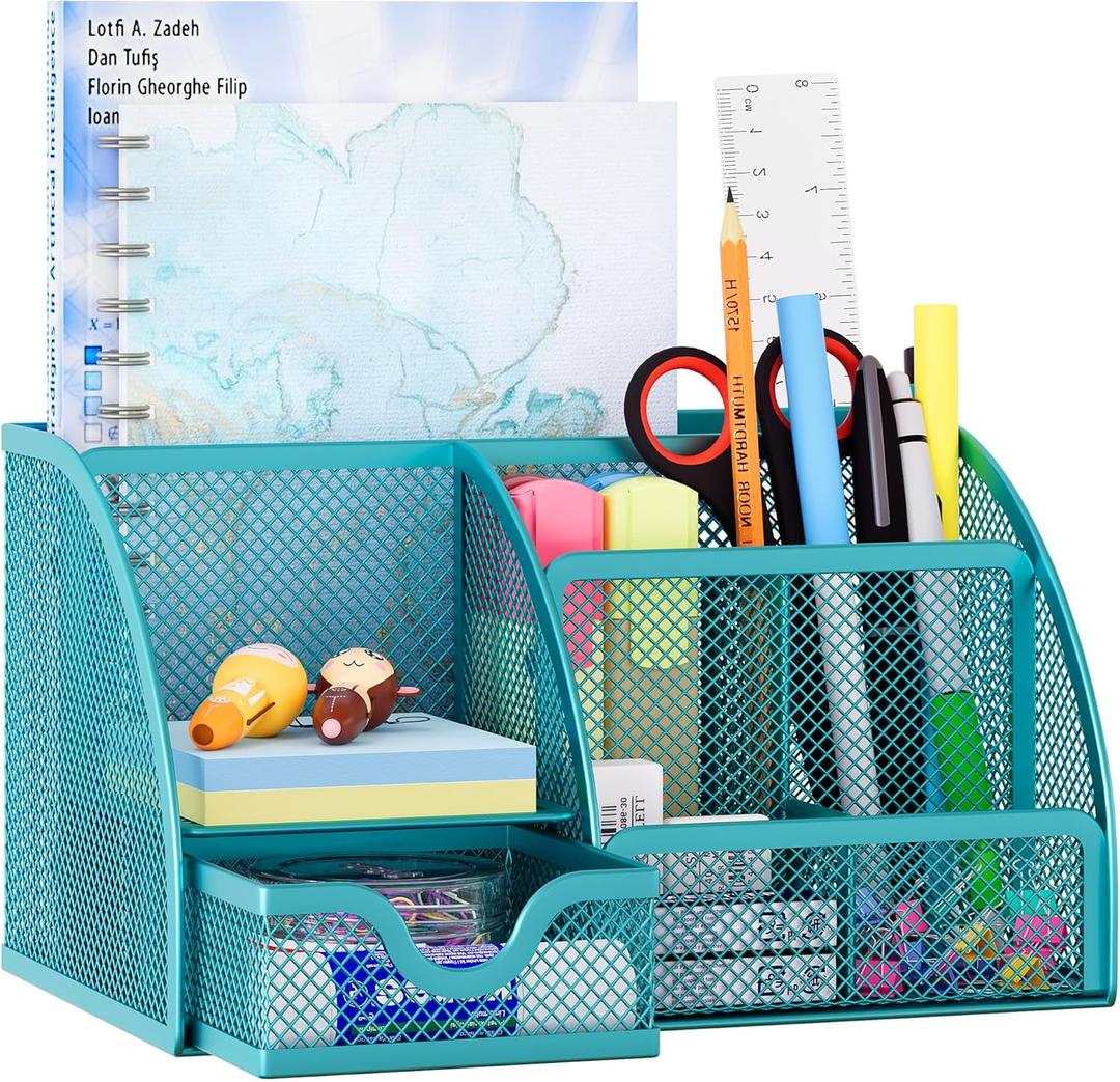 EasyPAG Mesh Desk Organizer with Drawer Multi-Functional Pen Holder Stationery Organizer for Office School Supplies 6 Compartments Dorm Organizers and Storage for Desk, Blue