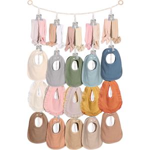 MOFASVIGI Baby Bib & Headband Holder, Macrame Nursery Hanging Storag | Boho macrame hanging organizer with sturdy metal clips. Perfect for baby bibs, headbands, burp cloths, and socks