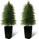 Mavis's Diary 4FT Artificial Cedar Trees Outdoor, Set of 2 in Modern Square Pots, Realistic Faux Evergreen Topiary for Porch, Garden & Home Decor