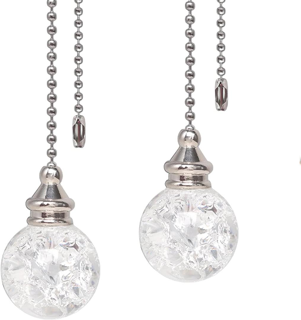 2PCS White Pull Crystal Glass Ice Cracked Ball Pull Chain for Ceiling Fan Light Decoration 50cm Extension