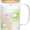32oz Glass Cup with Lid and Straw, Embossed Beaded Glass Tumbler with Handle Bamboo Lid and Straw for Whiskey Cocktail Beer, Iced Coffee, Hot/Cold Drinks