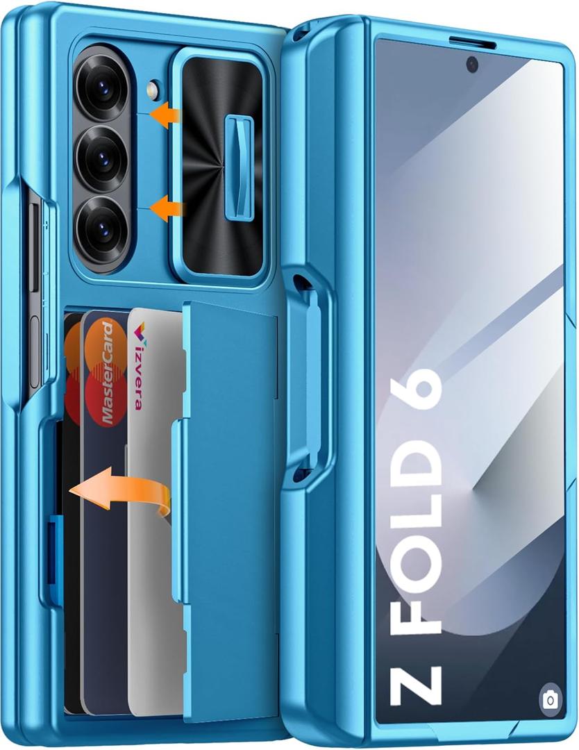 Vizvera for Samsung Galaxy Z Fold 6 Case RFID Wallet with Cards Holder [S Pen Holder] [Camera Cover] Shockproof Silicone Protective Phone Case for Z Fold 6 2024-Lake Blue