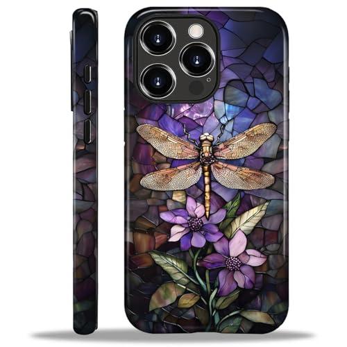Teonvpu for iPhone 16 Pro Case, Stained Glass Dragonfly Pattern Glossy 2 in 1 Shockproof Bumper Drop Protective Case for Girl Women Boy Men