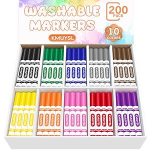 KMUYSL 200 Count Washable Markers Bulk, 10 Assorted Colors - Broad Line Conical Tip Coloring Markers for Kids, School Art Supplies & Back to School Supplies, Teacher Classroom Must Haves