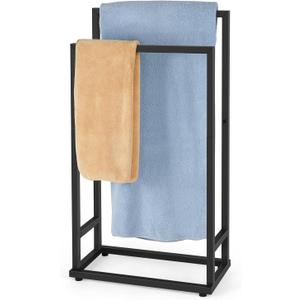 Freestanding Towel Racks 2 Tier Small Towel Holder Stand for Bathroom Matte Black Stainless Steel Industrial Towel Drying Rack for Hand Towels Blanket
