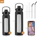 Kodrine Water Bottle with Straw, 24 oz Glass water Bottle with 2 Lids Bamboo Straw Lid and Spout Lid with Handle, 32 oz Clear Water Bottle Glass for Sports Travel, Waterbottle with Time Marker