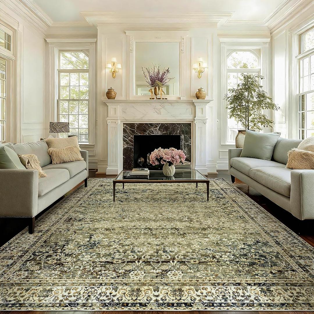 Olive and Tan Area Rugs Washable Rug for Living Room Bedroom Boho Farmhouse Floral Vintage Soft No Slip Extra Large Carpet for Dining Room 9x12
