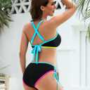 Fayenne Womens Bikini Sets Color Block Metal Ring Cutout Two Piece Swimsuit V Neck Crisscross Tie Back Cheeky Bathing Suit (Black, L)