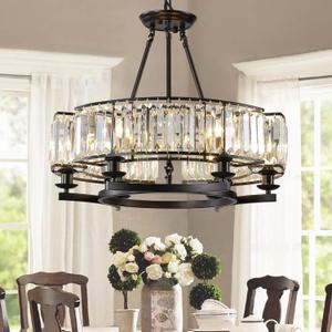 Vintage Crystal Chandelier Black 6 Lights Hanging Ceiling Light Fixture Iron Frame Pendant Lighting for Farmhouse Decoration Dining Table Living Room, 25.6 inch