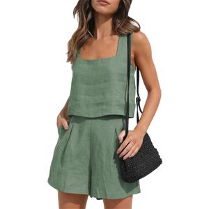 YMING Women's Cotton Linen 2 Piece Sets Summer Solid Color Shorts Set with Pocket Two Piece Travel Lounge Sets Light Green XL