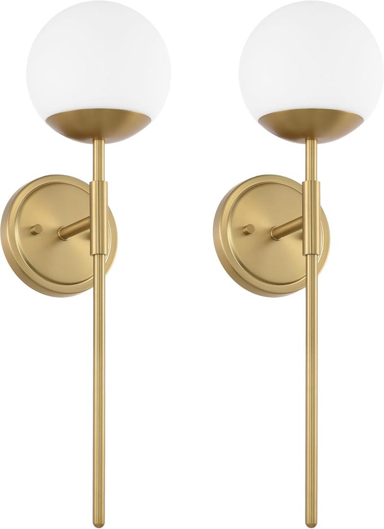 Aged Brass Wall Sconces Set of 2, Modern Milk Glass Wall Mounted Lights, Gold Globe Wall Lights, Wall Lamps for Bedroom Living Room Hallway Decor