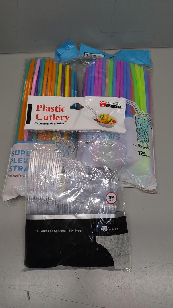 Set of Straws (200) and Plastic Cutlery (16 spoons, 16 forks, 16 knives)