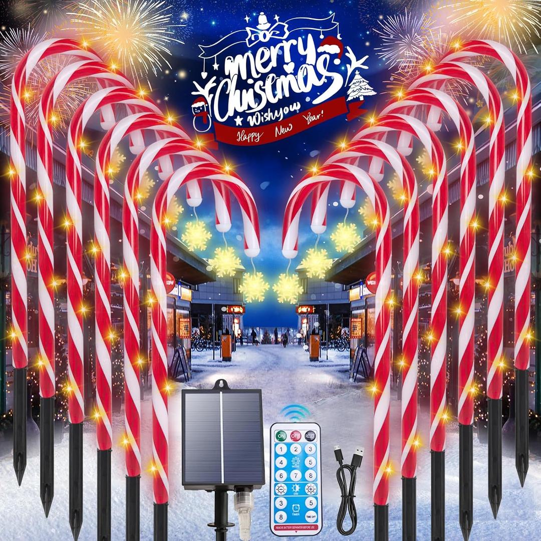 Candy Cane Christmas Lights, 12 Pack Waterproof Christmas Solar Candy Cane Lights with 8 Modes and Timer, 1200mah Solar Candy Canes Light Outdoor Decorations for Pathway, Yard, Patio, Garden (Red and white (Warm led))