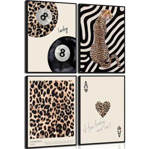 4Pcs Trendy Leopard Canvas Wall ArtCheetah Preppy Aesthetic Room Wall Decor Chic Leopard Ace Card Posters Prints Funky Lucky 8 Ball Painting Pictures for Girls Bedroom Apartment Dorm Unframed (color)