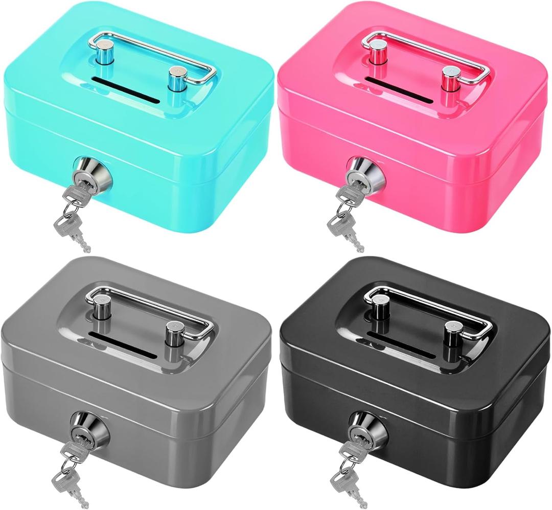 cobee 4 Pcs Small Metal Cash Box with Key Lock, Coin Cash Box Organizers Money Saving Box 4.5 x 3.7 x 2.2in Piggy Bank without Money Tray