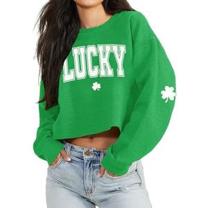 St Patrick's Day Crop Tops for Women Irish Shamrock Graphic Shirt Funny Lucky Clover Long Sleeve T-Shirt Tops XXL