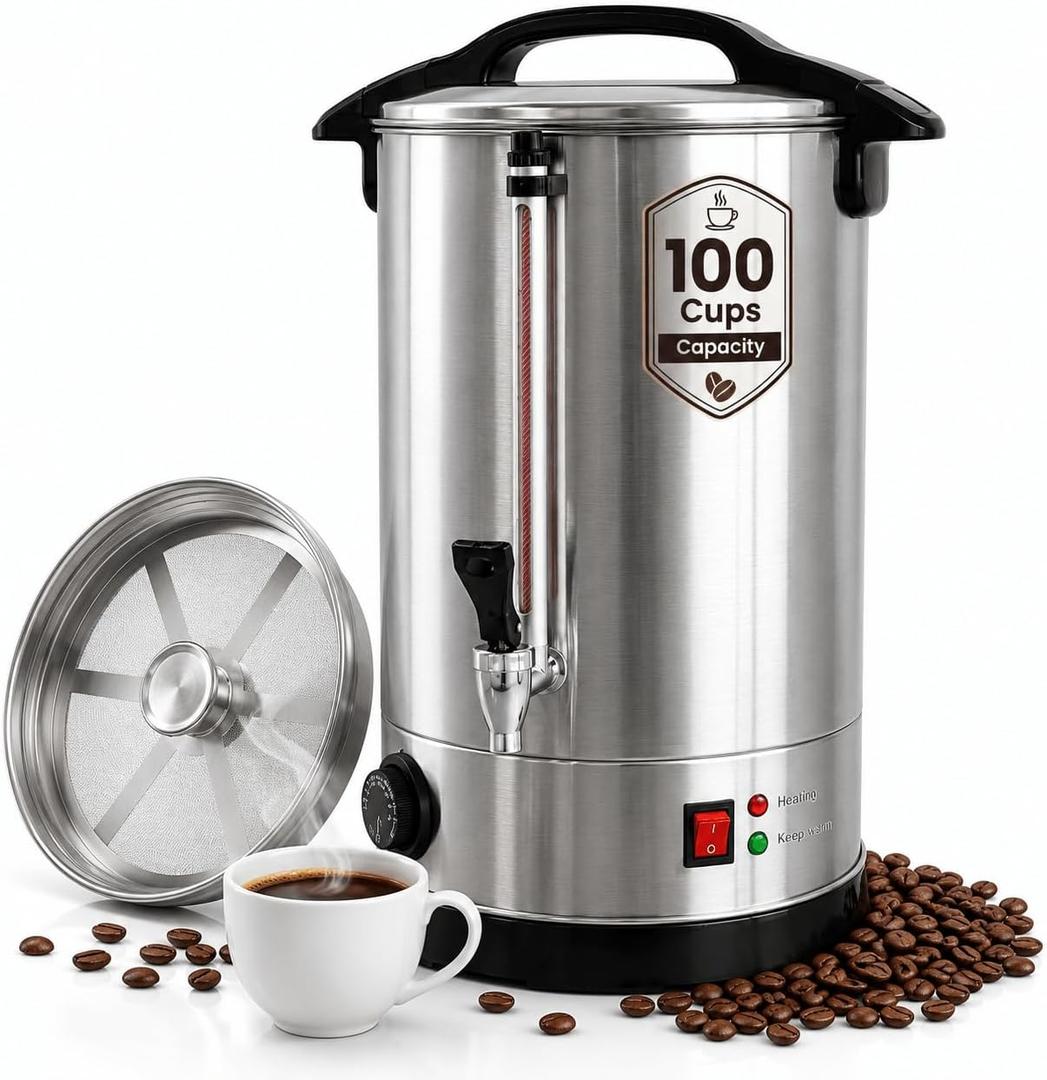 100 Cup Coffee Urn, 15L Stainless Steel Hot Beverage Dispenser