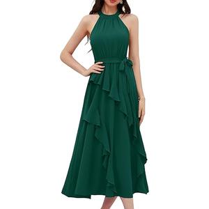 GRACE KARIN Women's 2024 Summer Sleeveless Halter Neck Ruffle Hem Split Flowy Swing Long Midi Dress with Belt Size s ( green )