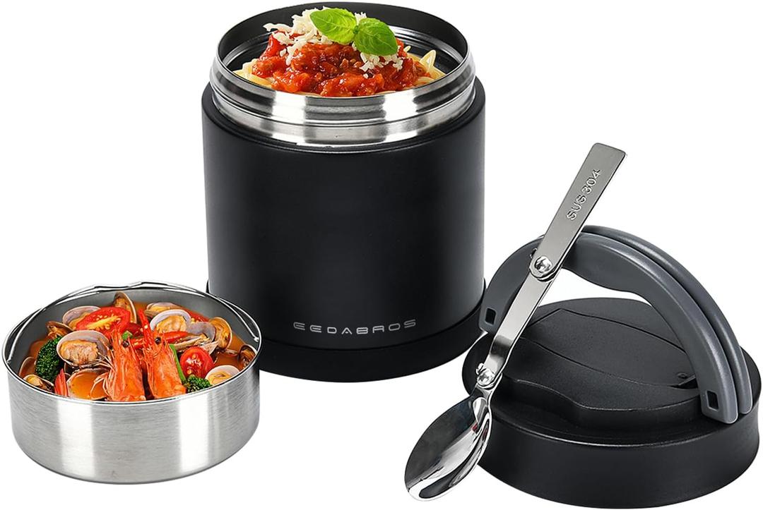 Thermo for Hot Food 33.8OZ, Vacuum Insulated Food Jar for Adults, Stainless Steel Soup Thermo Wide Mouth Leakproof Lunch Containers with Spoon for School Office (Black)