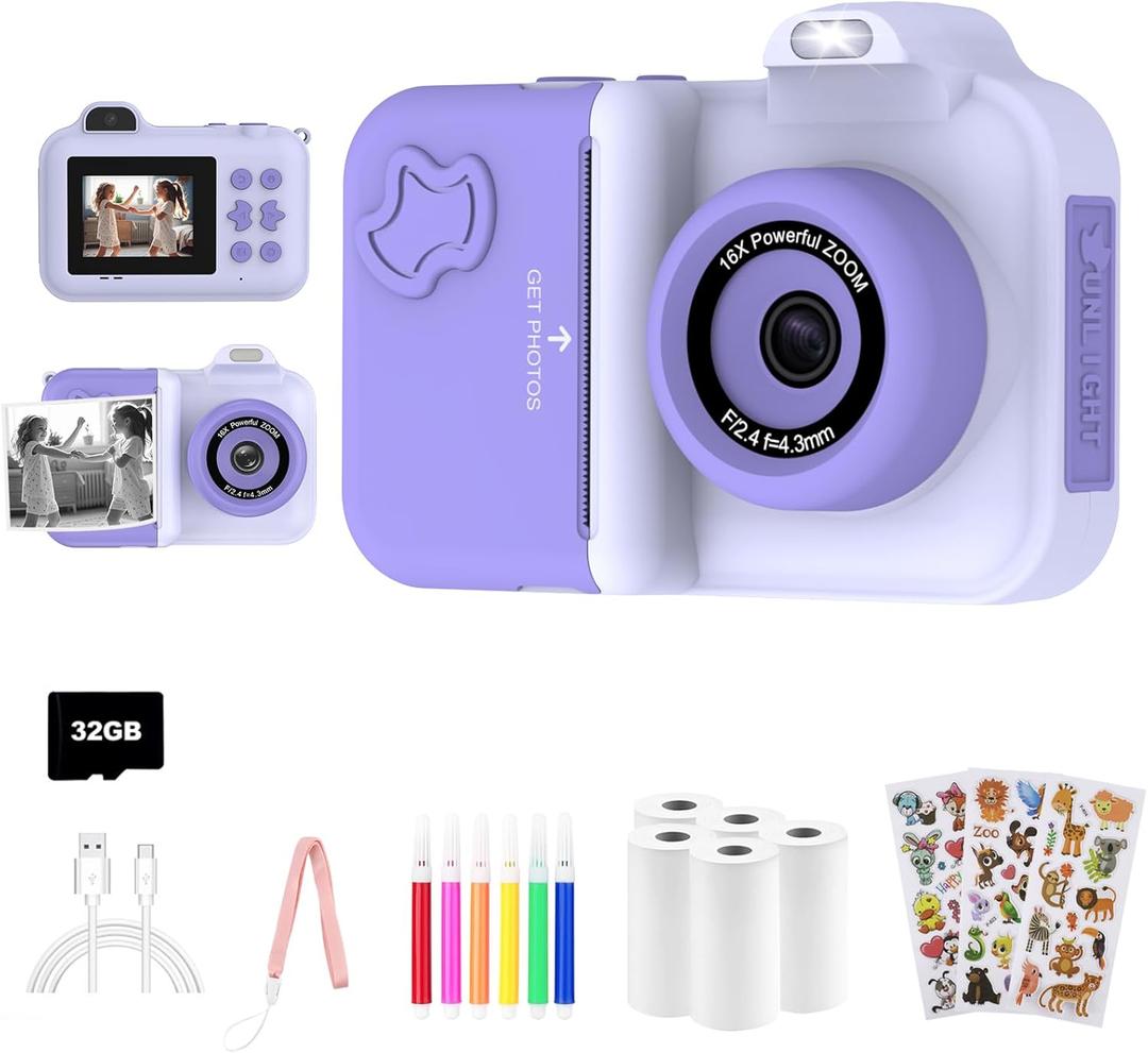 Kids Camera Instant Print, Christmas Birthday Gifts Toys for Girls Boys Age 4 5 6 7 8 9 10 11 12 Years Old,1080P HD Dual-Lens Selfie Digital Camera with 5 Rolls Print Paper Stickers Pens & 32G Card (purple)