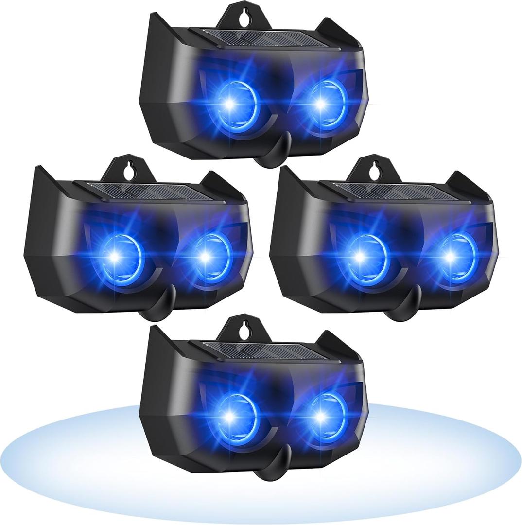 Solar Nocturnal Animal Repeller 4 Pack - Deer, Coyote, Fox, Raccoon, Skunk Cat Deterrent Device - Outdoor Coyote Repellent - Predator Blue Lights for Chicken Coop, Yard, Garden, Farm (Black)