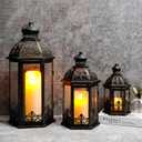 TRIROCKS Set of 3 Black & Gold Metal Candle Lanterns, 19/13.5/9.5 in Decorative Hanging Lantern Candle Holders with Tempered Glass forPorch, Patio, Wedding & Home Decor(Black with Gold Brush)