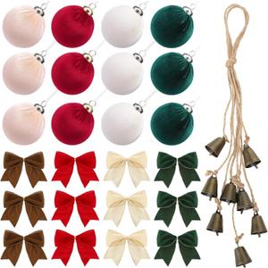 25pcs Velvet Christmas Ornaments Set, 3.15 Inch 12 Christmas Tree Balls, 12 Velvet Bows, 1 Eight Bell Jute Garland for Family Holiday Wreaths Gift Wrapping Hanging Decoration