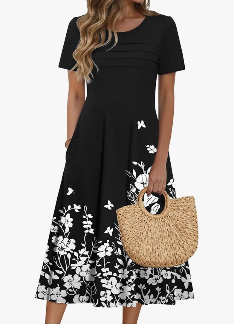 Zeagoo Womens Casual Dresses for Summer Short Sleeve Flare Midi Dress Loose Beach Sundress Pleated Front Dress with Pockets, XXL