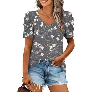 Anydeer Women's Summer Tunic Top Short Puff Sleeve Casual Tshirts Vneck Fashion Pullover Loose Blouse 2XL