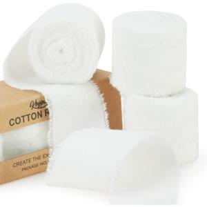 White Ribbon 1-1/2 x 15 Yards Handmade Cotton Frayed Fringe Fabric Ribbons for Crafts Flower Bouquets Wedding Baby Shower Home DIY Decor