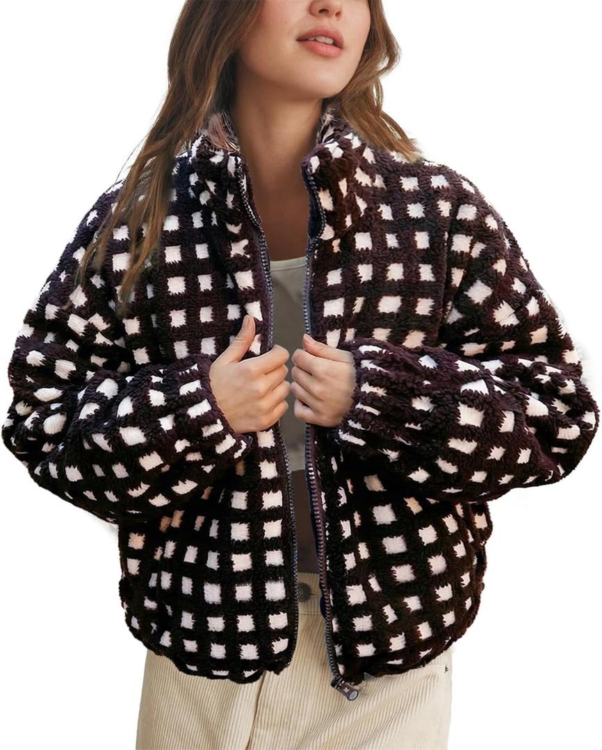 Womens Checkered Sherpa Jacket Cropped Long Sleeve Plaid Fleece Coats Casual Zip Up Gingham Outwear with Pockets, XL