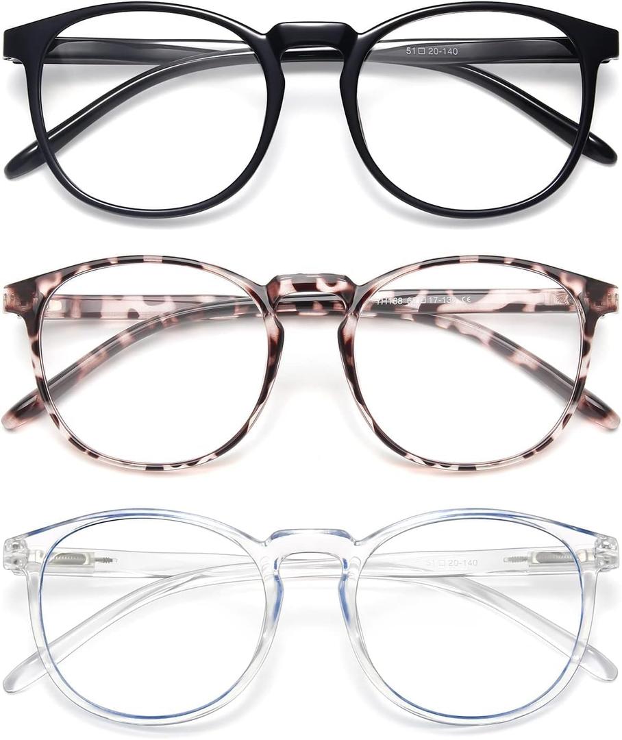 IBOANN Chic & Comfy Blue Light Glasses for Women - 3-Pack Round Frames, Screen-Ready Style with UV Protection Coating (A29 Light Black & Transparent Blue & Tranparent)
