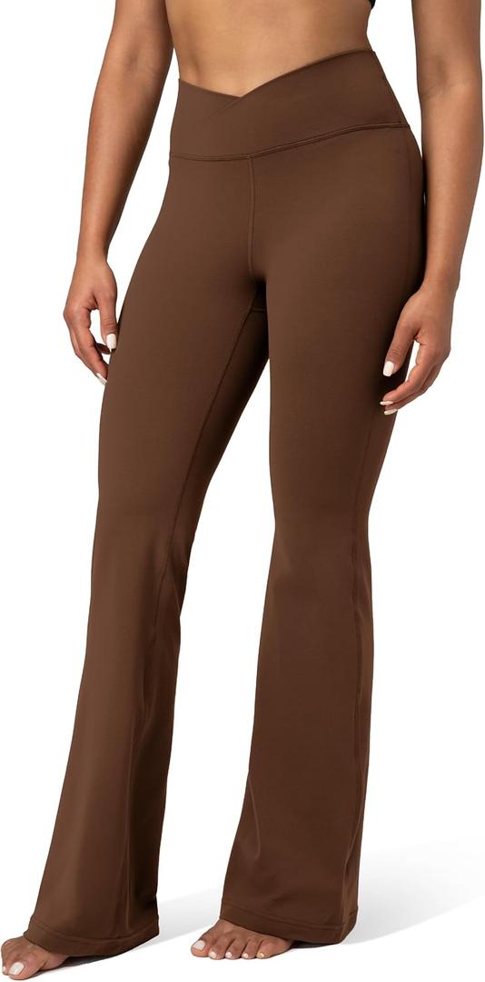 Colorfulkoala Women's Dreamlux Crossover Flare Leggings High Waisted Tummy Control Wide Leg Yoga Pants 29.5" / 31.5" Inseam (Brown, S)