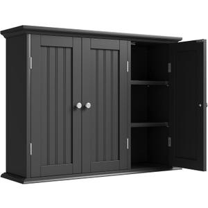 ChooChoo Bathroom Wall Cabinet with 3 Doors, Laundry Cabinet Wall Mounted, Medicine Cabinet with Adjustable Shelves, Hanging Kitchen Cupboard Organizer, Black, 9.06"D x 31.1"W x 23.4"H