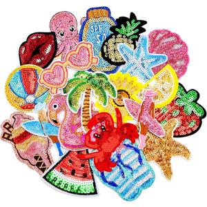 20PCS Summer Sequin Iron on Patches Tropical Beach Embroidered Applique Patches for Hats, Clothes, Bags, Jackets, Backpacks