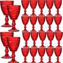 24 Pcs Red Vintage Wine Glasses Set, 10 Ounces Colored Glass Water Goblets, Unique Floral Embossed Pattern High Clear Stemmed Glassware Wedding Party Bar Drinking Cups Fancy Glasses Hand Wash Only