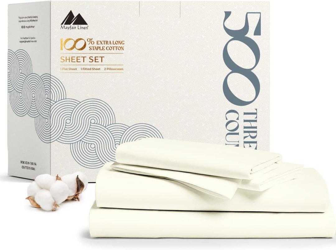 Mayfair Linen 100% Cotton Bed Sheets Full Sheet Set - 500 Thread Count Sheets Full Size 4 PC Set (Ivory), Soft, Cooling, Hotel-Quality 16" Deep Pocket Sateen Weave Cotton Bedsheet for Hot Sleepers