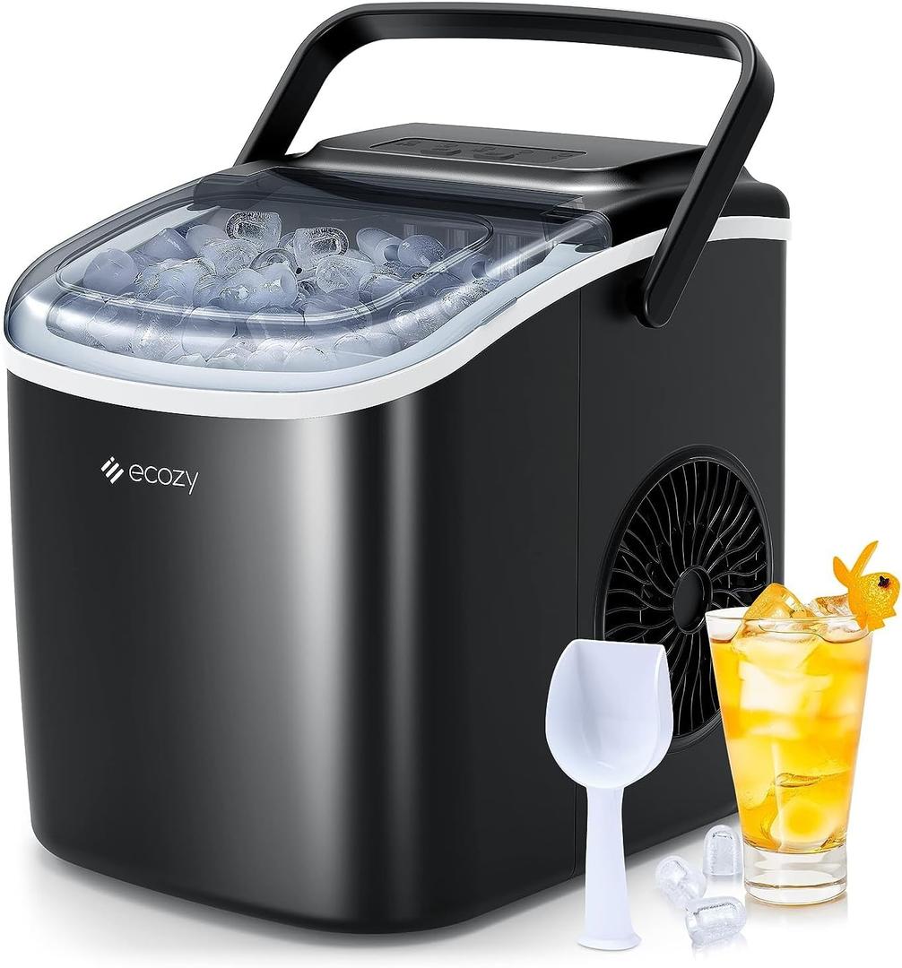 ecozy Portable Countertop Ice Maker - 9 Ice Cubes in 6 Minutes, 26 lbs Daily Output, Self-Cleaning with Ice Bags, Scoop, and Basket for Kitchen, Office, Bar, Party - Black