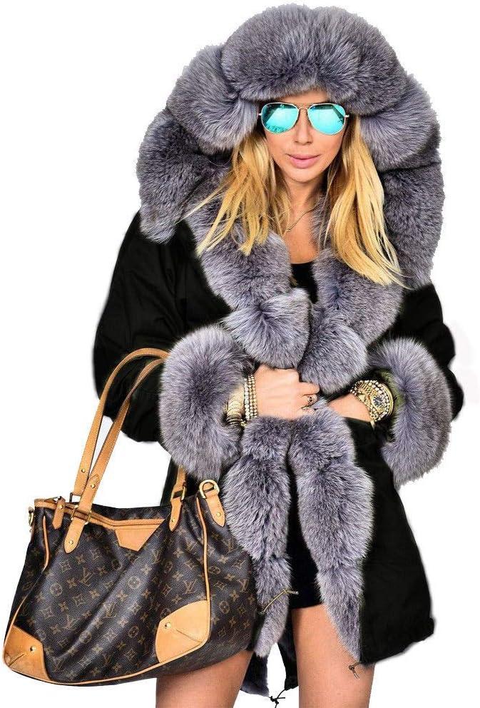 Aofur Womens Hooded Faux Fur Lined Warm Coats Parkas Anoraks Outwear Winter Long Jackets (Medium, Black Grey Fur)