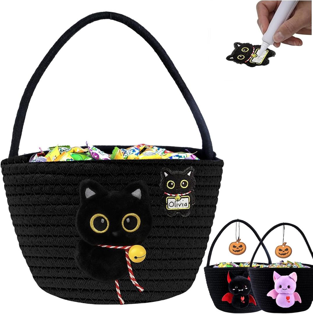 Personalized 3D Plush Black Cat Round Storage Basket  Cotton Rope Toy Organizer & Laundry Hamper with Handle, Baby Gifts Basket for Nursery, Baby Shower, Halloween & Christmas Decorative Bin