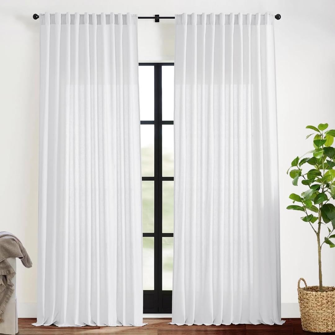 XTMYI 108 Inch Length White 2 Panels Back Tab/Hook Belt Linen Cotton Sheer Curtains for Bedroom,70 Inch Wide