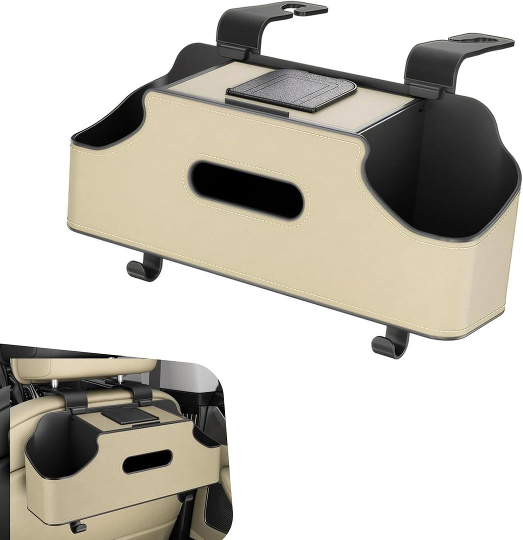 1 PC Backseat Organizer with Dual Cup Holder, Multi-function Tissue Hanging Box and 2 Hooks, Extra Rear Seat Road Trip Storage Accessories, Universal for Most Cars, Trucks, SUVs (Beige)