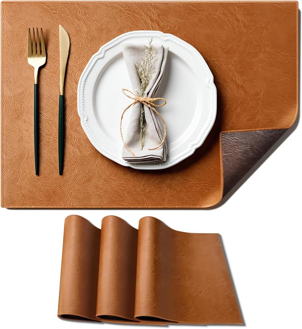 Placemats Set of 4, Brown & Coffee Reversible Faux Leather Place Mats, Dual-Side Matte Crazy Horse Texture, 2mm Waterproof Stainproof, Wipeable Washable Table Mats for Dining Kitchen 12x18 Inch