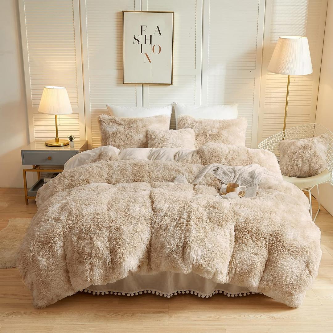 LIFEREVO Luxury Fluffy Faux Fur Duvet Cover Set, Tie Dye Plush Fuzzy Duvet Cover Set(1 Print Shaggy Comforter Cover+2 Furry Pillow Shams) Bedding Set, Zipper Closure(Queen, Light Beige)