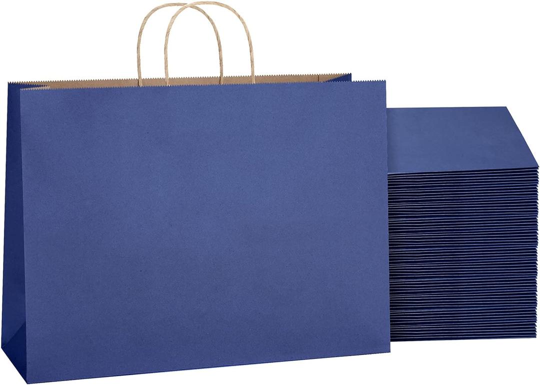SHOPDAY Navy Blue Paper Bags with Handles 16x6x12, 25 Pack Large Kraft Paper Bags Bulk, Tote Bags Shopping Bags, Paper Gift Bags, Retail Bags Merchandise Bags for Grocery Business Takeouts