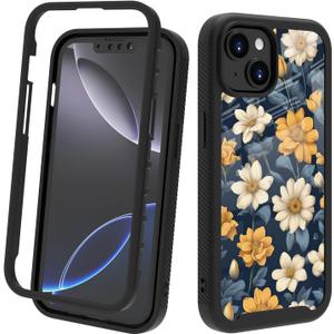 Compatible with iPhone 14 / iPhone 13 Case  Rugged Full-Body Protective Cover for Women Girls Dual Layer Shockproof Bumper, Heavy-Duty Phone Case - Vintage White Yellow Flower Floral 010