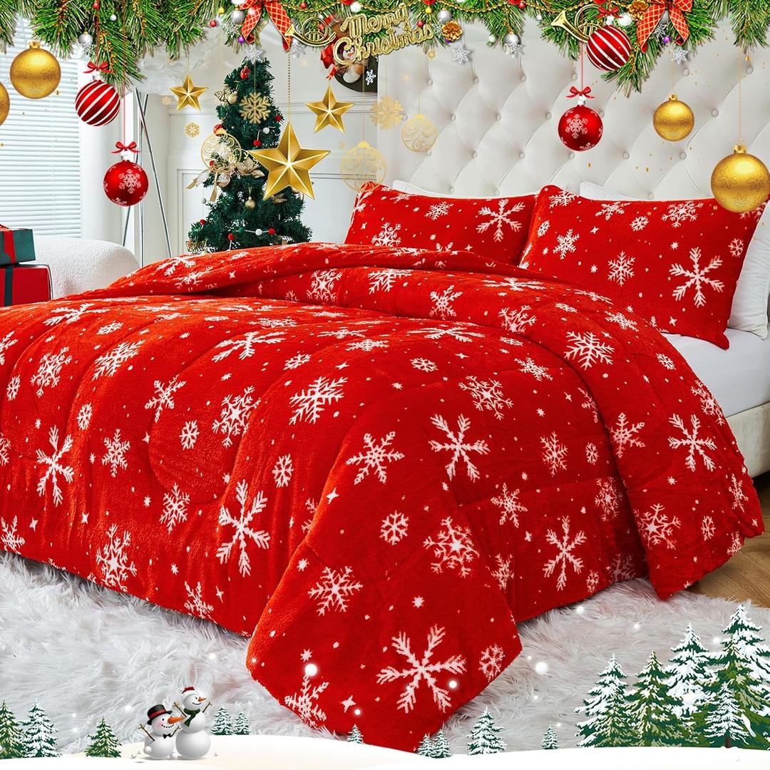 YIYEA Christmas Fluffy Queen Size Comforter Set, Luxury Faux Fur Comforter, Ultra Soft Plush Fuzzy Velvet Bedding Comforter Sets for Fall Winter, Cozy Warmth, No Shedding, 3PC, Queen