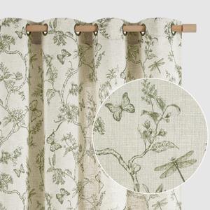 Lazzzy Green Floral Linen Farmhouse Curtains 84 Inch Length Drapes for Living Room Bedroom Pattern Light Filtering Country Vintage Curtain Grommet Top, 2 Panels, Green on Beige (50"W x 84"L (Pack of 2)